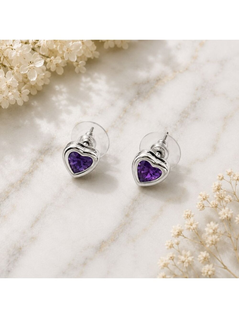 Heart Stud Earrings Made with Swarovski Crystals Purple Amethyst NOS Never Worn